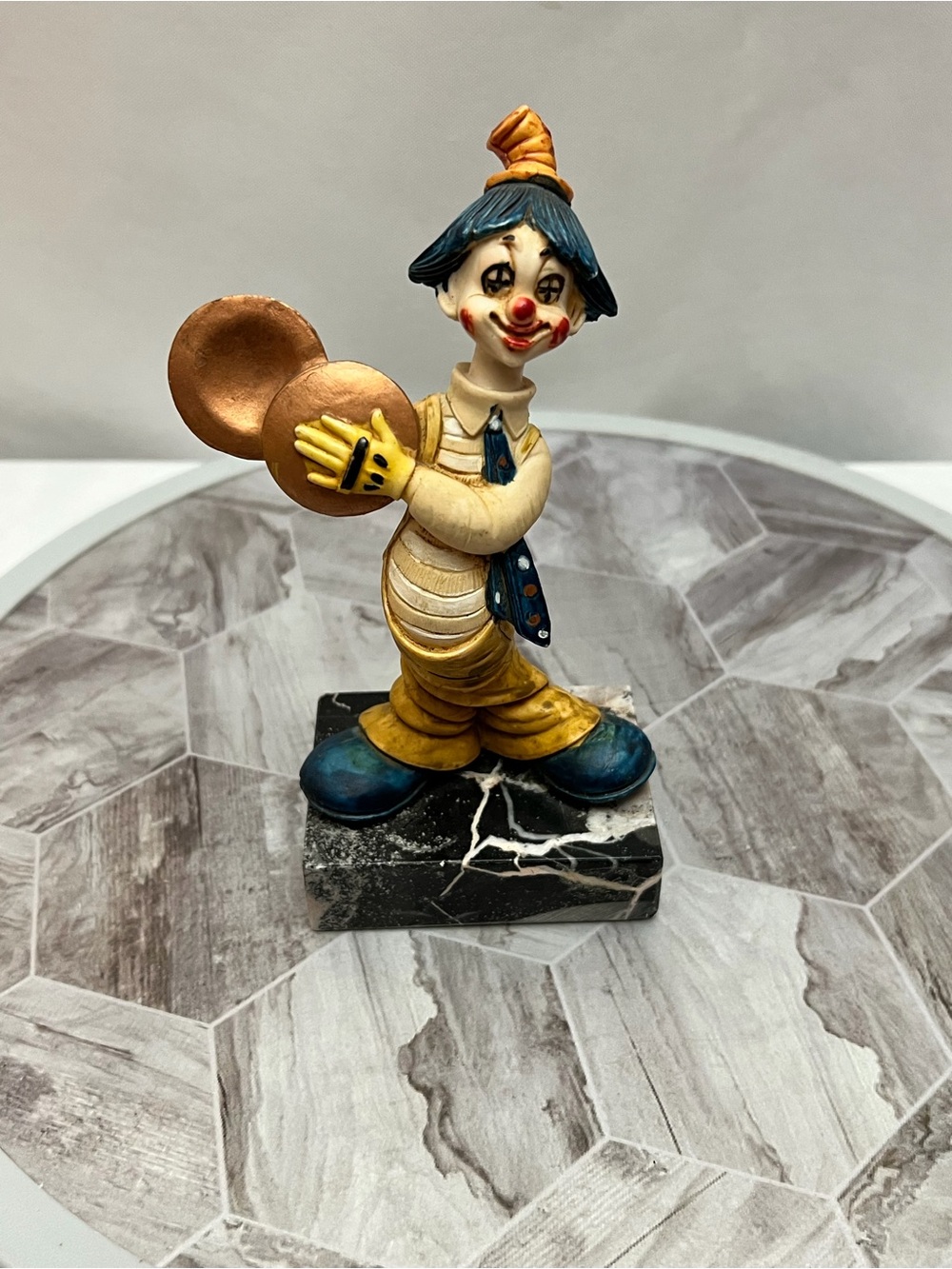 Vintage Italian Resin Clown Figurine Cymbals Black Marble Base Hand Painted
